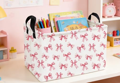 Image of Essme Rectangular Pink Baskets,Girls Storage Box,Cute Basket for Kids with Handles for Room Decor, Book Bins,Shelf Basket.(Pink Bowknot)