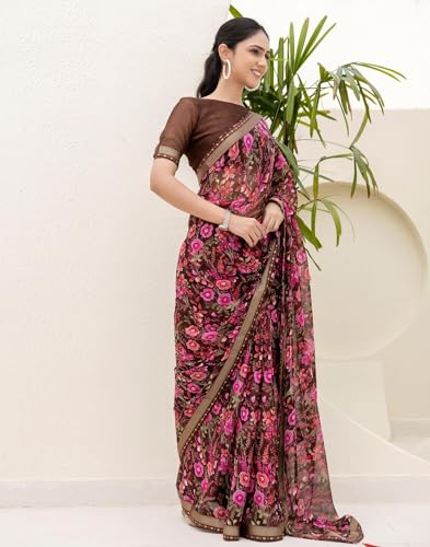 Image of SIRIL Women's Chiffon Printed Saree With Unstitched Blouse Piece
