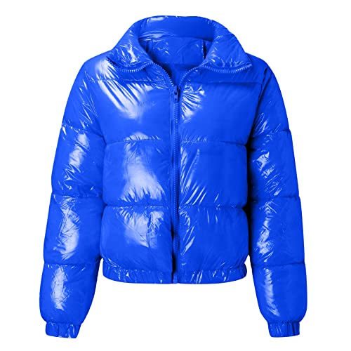 Aazjss Jackets For Women Cropped Faux Fur Coat Women Bubble Jacket Puffer Zip Up Padding Warm Quilted Winter Shiny Long Sleeve Parka Stand Collar Outerwear Blue Small #TOP2