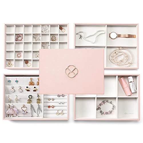 Vlando Jewelry Tray Jewelry Organizer for Drawer Jewelry Organizer Tray Jewelry Drawer Organizer Stackable Jewelry Organizer Trays Drawer Jewelry Organizer the Whole Set-Pink