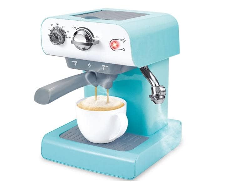 Pihura Coffee Maker Role Play Pretend Kitchen Appliance for Kids with Realistic Action, Spray, Light and Sound - Coffee Mug for Imaginary Brewing Fun