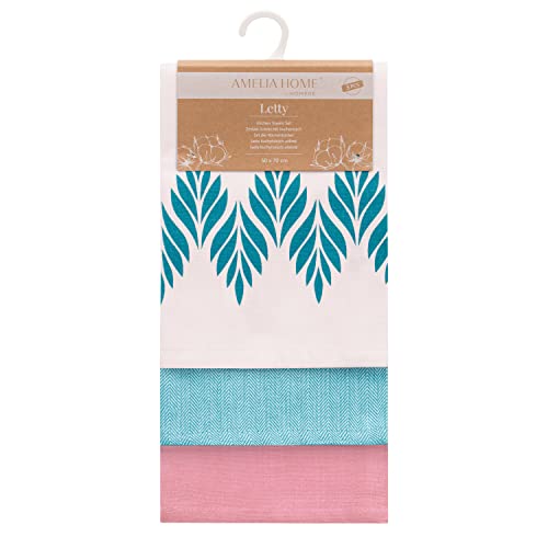 AmeliaHome Set of 3 Tea Towels Cotton Kitchen Towels 50 x 70 cm Leaves Pattern Letty Pink Turquoise, Leaves Pink Turquoise - Image 3