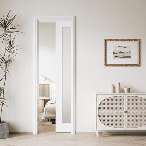 Image of Frosted Glass 1-Lite Sliding Pocket Doors White Standard Door with Hardware Kit Set,18 inchx80 inch