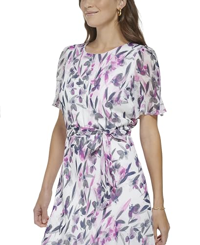 Image of DKNY Women's Flutter Sleeve Round Neck Waist Tie Midi Dress