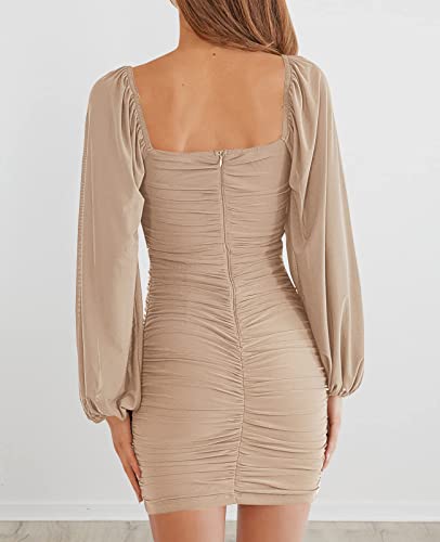 Image of MEROKEETY Women Square Neck Lantern Long Sleeve Mesh Ruched Bodycon Clubwear Mini Dress