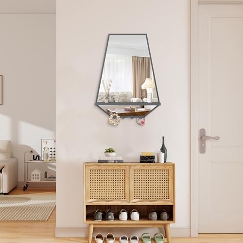 Image of BEAUTME 26x20 inch Bathroom Mirror with Shelf, Irregular Hexagonal Metal Wall Mirrors with Hooks, Bathroom Vanity Mirror Farmhouse, Wall Mounted Mirror Decor for Living Room Bedroom Entryway (Grey)