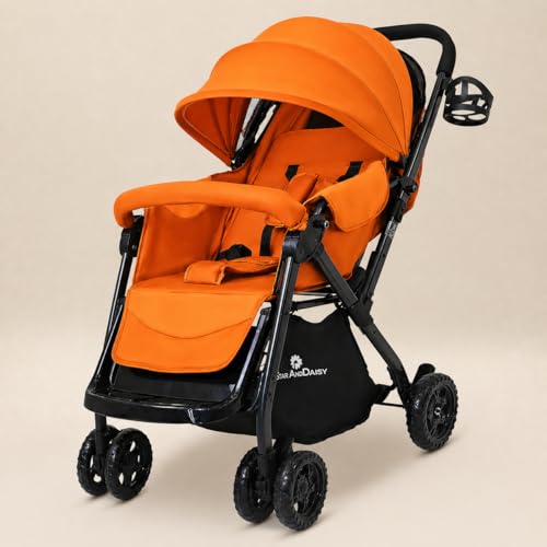 Image of StarAndDaisy Foldable Stroller for Baby 0-3 Years Infant & Toddler / Travel Pram for Baby with Adjustable Canopy & Footrest with Lockable Wheels, Multi-Level Recline , Removable Tray , Safety Harness Belt (Orange)