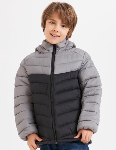 Image of Boys Hooded Lightweight Puffer Jacket Waterproof Winter Coat | Insulated warmth for school commutes, soft chin guard, chevron quilted channels stop fill shifting, windproof, inside pocket