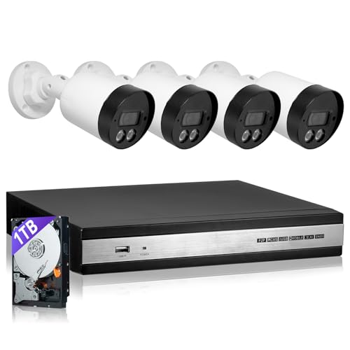 Grabador DVR H.265 de 5 MP, 4 canales, con disco duro de 1 TB, IP67, resistente a la intemperie, DVR con 4 unidades para exteriores, color blanco, sistema CCTV, sistema CCTV, grabador de vídeo para