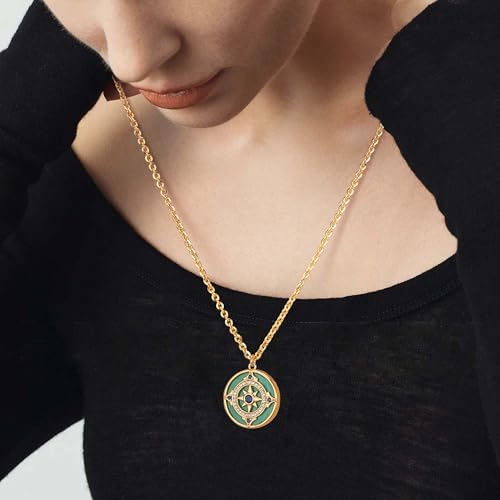 Fettero Necklaces for Women Trendy 14K Gold Plated Charm Necklace Green Malachite Heart Coin Butterfly Cross Clover Pendant Dainty Gold Necklace for Women Jewelry