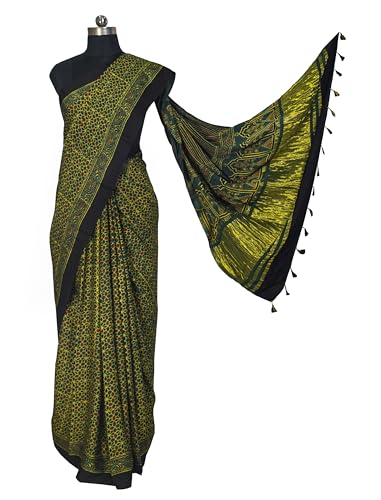Image of Ethnics of Kutch Womens Ajrakh Modal Silk Natural Dye Golden Border Hand Block Print Saree with Blouse Piece - 5.5 Mtr Length