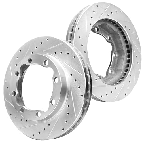 Image of Detroit Axle - Front Brake Kit for 1994-1999 Dodge Ram 2500 3500 | 1990-2000 Chevrolet GMC K3500 Drilled & Slotted Disc Brake Rotors Ceramic Brake Pads 1995 1996 1997 1998 1999 Replacement