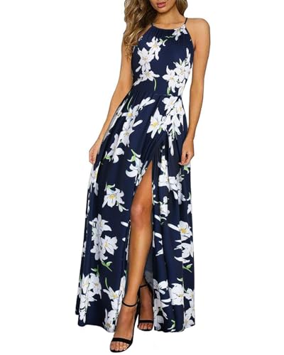 KILIG Sommerkleid Damen Lang Maxikleid Sommer Neckholder Elegant Kleid Hochzeitsgast Schlitz Freizeitkleid (Floral-B,X-Large)