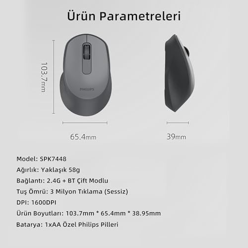 Philips SPK7448 Bluetooth 5.2 ve 2.4GHz 1600DPI Sessiz Optik Kablosuz Mouse (Gri) - Görsel 4