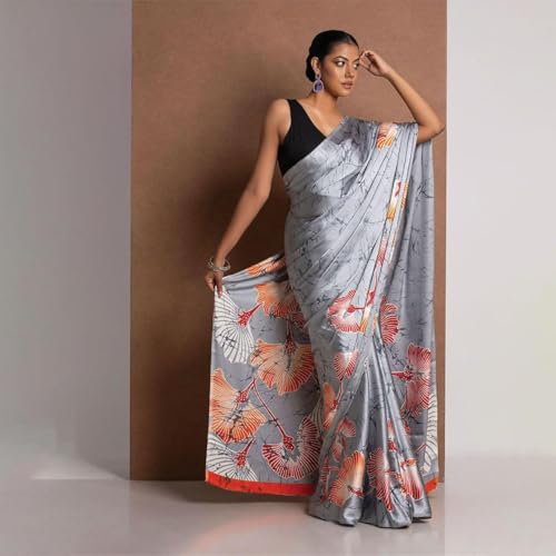Image of Japan Satin Floral Print Saree for Women with Blouse Piece - Satin Finish Draped Saree