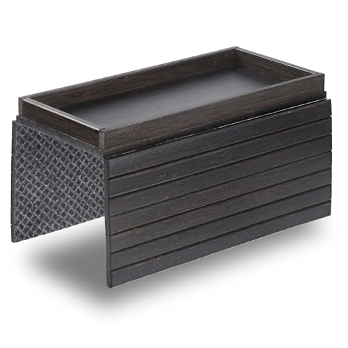 DETOR Sofa Armrest Tray with Spacious 31.5 × 14 cm Storage Box, Black-Stained Bamboo Finish, Enhanced Non-Slip Felt Base, Fits Armrests 15.5 cm and Wider