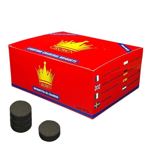 Charbon en Pastille - Crown, 100 Pieces, Allumage Rapide Et Combustion Lente, Haute Qualité, Auto-Inflammable, 33 mm