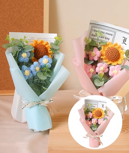 Image of NHCDFA Cotton Crochet Sunflower Bouquet, Crochet Flower Lovely Color Gift for Girls Home Decor for Mother Assortment of Small Sunflower with Light Pink Wrapping Paper