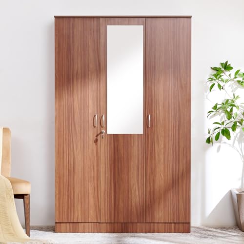 Image of Home Centre | Helios Alton 3-Door Wardrobe with Mirror | Full Length Mirror for Home | Engineered Wood | Walnut | 1 Year Warranty