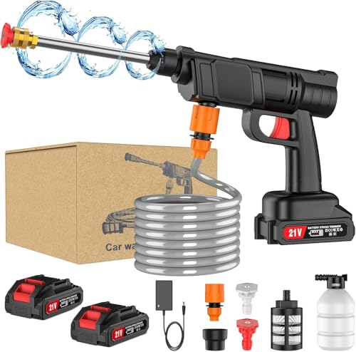 Limpiador de Alta presión inalámbrico, 21 V 30Bar Hidrolimpiadora Batería, Pistola de Agua a Ppresión, Boquilla Ajustable Multifunción con 2 Baterías, Manguera de 5 m, para jardín y Coche (B)