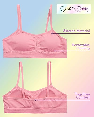 Sweet & Sassy Girls' Training Bra - 3 Pack Seamless Cami Bralette, Removable Pads - First Time Beginner Bra for Girls (S-L)2