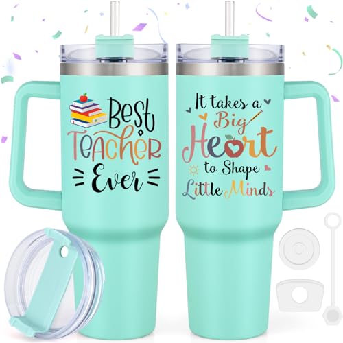 LiqCool Teacher Appreciation Gifts - Best Teacher Ever 40 Oz Tumbler with Handle and Straw - Cute Teacher Gift Ideas for Women - Thank You Gifts for Teacher Appreciation Week End of Year(Mint)