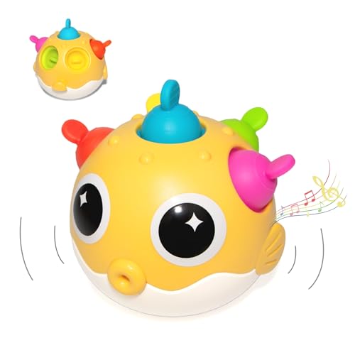 UTOPLIKEY Baby Toy for 3 4 5 6-12 Months Toddlers | Puffer Fish Wobble Toy with Soft Tinkling Sound | Newborn Infant Rattles | Baby Essentials Shower