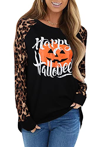Happy Halloween T-Shirt Pumpkin Face Shirt Womens Long Sleeve Fall Pumpkin Shirt Halloween Raglan Baseball Tee Shirt Top