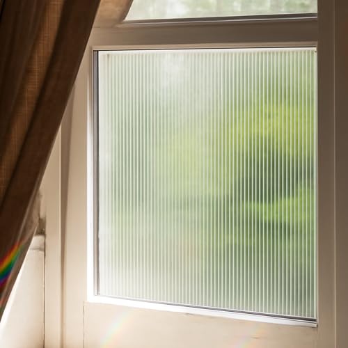Maimegatt Window Privacy Film Frosted Glass Static Clings Reeded Window Film, Striped Decorative Non-Adhesive & UV Protection Window Decals for Bathroom Living Room 17.7x78.7 inches