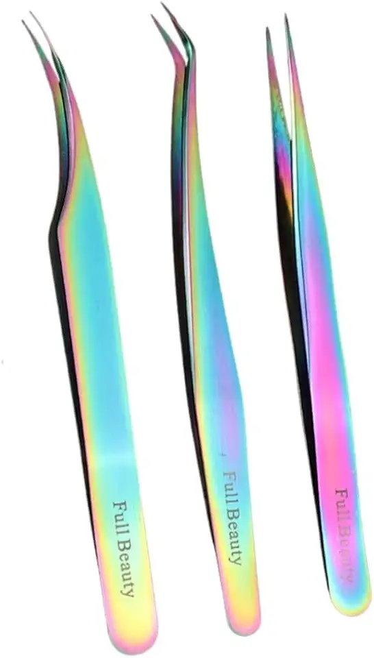 Kit 3 Pinças para Extensão de Cílios (45°, Curvada, Reta) para Fio a Fio e Volume, Com Case de Armazenamento, Precisão Profissional para Salões e Estúdios (Colorida)