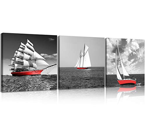 Nan Wind 3 Pcs Modern Giclee Canvas Prints Red Pirate Ship Black And White Wall Art Sailing Boat Marine Wall Decor Paintings On Canvas Stretched And Framed Ready To Hang For Home Decor #TOP5