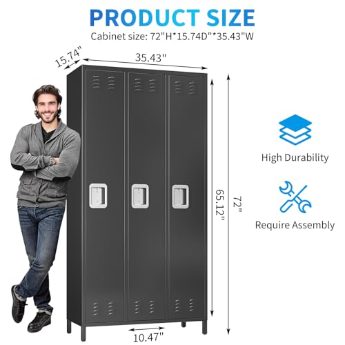 CuisinSmart Metal Lockers for Employees 3 Doors, 72" Tall Storage Locker with 9 Hooks and 6 Shelves, Cabinet for Home, School, Gym, Office, Black