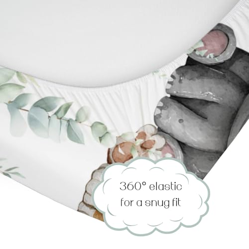 Image of HawSkgFub Safari Jungle African Animals Eucalyptus Leaf Fitted Standard Baby Crib Sheet, Giraffe Lion Tiger Elephant Zebra Toddler Mattress Cover, Soft Stretchy Nursery Bed Sheets Kids Gift 52 inch x 28 inch