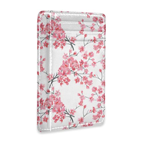 OTVEE Cherry Blossoms Pink Floral Slim Minimalist Wallet Small Card Wallets PU Leather Front Pocket Wallets