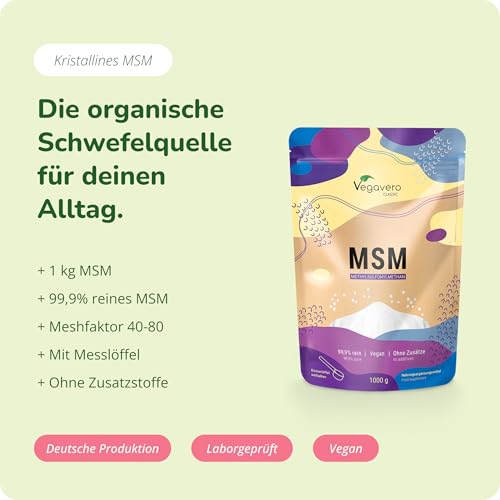 Vegavero MSM Pulver hochdosiert 1000g – Fein kristallines Methylsulfonylmethan Pulver - reiner organischer Schwefel - ohne Zusatzstoffe - Laborgeprüft & vegan