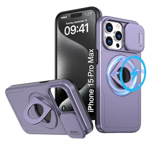 Image of LuxuryKase MagSafe Shockproof Rugged Back Case for iPhone 15 Pro Max | Finger Ring Kickstand & Sliding Camera Cover | Military Drop Protection | Wireless Charging Support - Purple