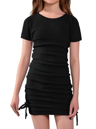 OYOANGLE Girl's Textured Drawstring Side Ruched Short Sleeve Bodycon Pencil Short Dress