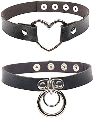 Goth Choker Leather Black Choker Necklace for Women Men,Heart Ring Adjustable Punk Rock Necklace Gothic Gifts for Girls,Vintage Biker Novelty Spiked Studded Heart Gothic Collars Accessory (2pcs)