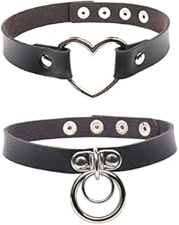 Goth Choker Leather Black Choker Necklace for Women Men,Heart Ring Adjustable Punk Rock Necklace Gothic Gifts for Girls,Vintage Biker Novelty Spiked Studded Heart Gothic Collars Accessory (2pcs)