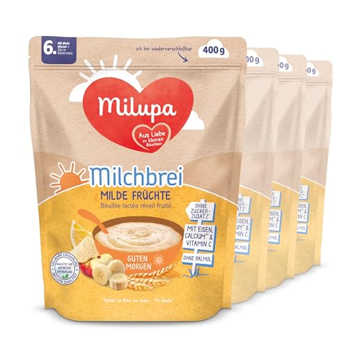 Milupa Milchbrei Milde Früchte – Babybrei ohne Palmöl – Frei von Konservierungs- und Farbstoffen – Ab dem 6. Monat – 4 x 400 g Milupa Milchbrei Milde Früchte – Babybrei ohne Palmöl – Frei von Konservierungs- und Farbstoffen – Ab dem 6. Monat – 4 x 400 g