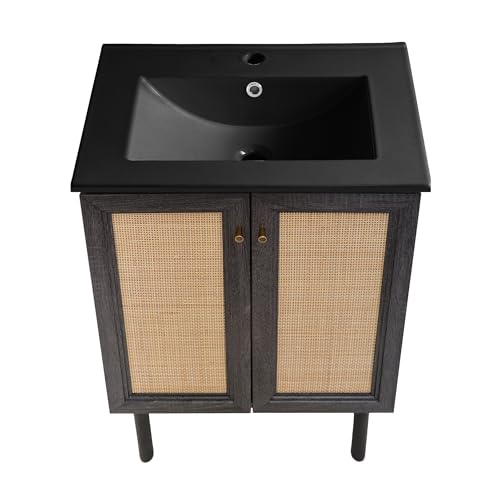 Image of Swiss Madison Classe 24 in. Black Oak Bathroom Vanity with Black Ceramic Sink Top