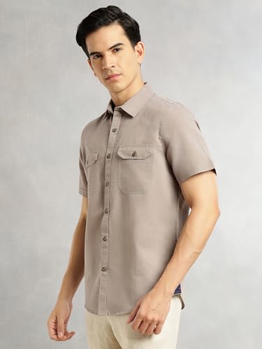 Image of Thomas Scott Men's | Solid | Half Sleeve | Slim Fit | Linen Blend | Double Flap Pocket | Spread Collar | Casual Shirt for Men