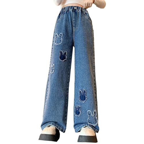 Girls Straight Leg Jeans Baggy Cute Rabbit Raw Hem Denim Pants Wide Leg Elastic Waist Youth Trendy Teen Fall Trouser3