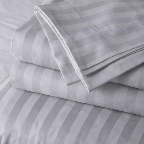 Image of Single Size Bedsheets for Single Bed 600 TC - Cotton Elastic Fitted Sheet (30 x 78 Inches) with 8 Inch Drop- Color Light Grey Stripe [ Fitted Sheet with 2 Pillow Cover]