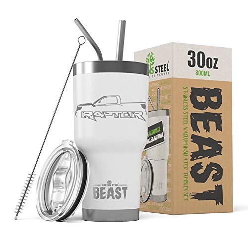 2010-14 Ford Raptor F150 Truck BEAST 30 oz Stainless Steel Insulated Tumbler w/Lid, 2 Straws, Brush and Gift Box white