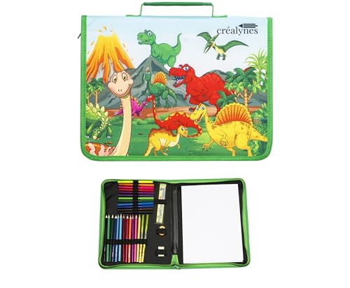 Bolsa de dibujo de dinosaurio – Maletín de dibujo completo y juegos de dibujo con 12 lápices de colores, 12 rotuladores, borrador, tamaño, regla, 2 lápices grises y cuaderno de dibujo
