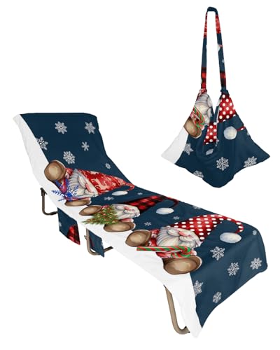 Christmas Gnomes Beach Lounge Chair Towel Cover, Soft Chaise Lounge Towel with Side Pockets Patio Pool Chairs Cover for Beach/Pool Sunbathing 29x85 Navy Blue Winter Snowflake Xmas Tree