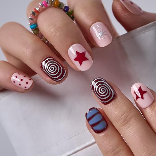 Image of CurvLife Extra Short Square Press On Nails, Red, Crimson Swirl, Soft Gel