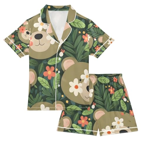 senya Cute Face Bear Flower Satin Summer Pajama Sets Silk Short Sleeve Button Down Sleepwear