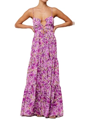 Image of Womens Summer Floral Spaghetti Strap Backless Low Cut Smocked Milkmaid Flowy Beach Sundresses